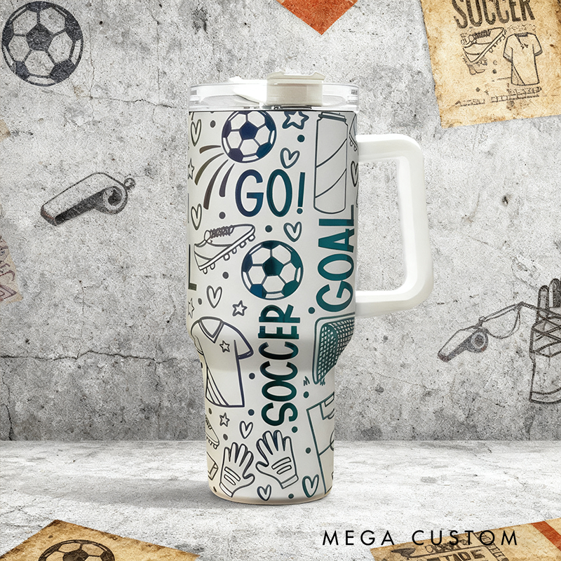 Personalized Soccer Travel Mug with Fun Doodle Design Perfect for Fans on the Go