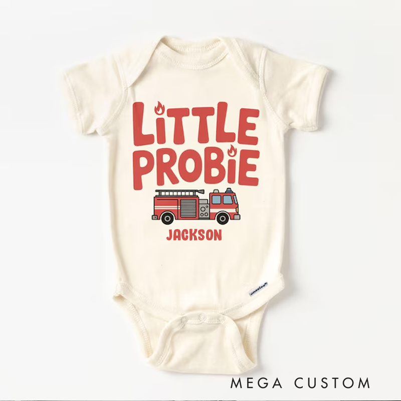 Personalized Firefighter Inspired Baby Bodysuit with Cute Little Probie Text and Adorable Fire Truck Graphic Baby Bodysuit