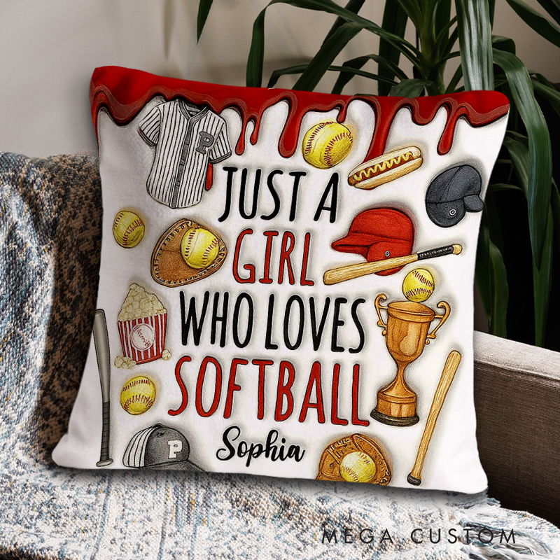 Personalized "Just a Girl Who Loves Softball" Throw Pillow with Sports Icons and Custom Name for Softball Enthusiasts   