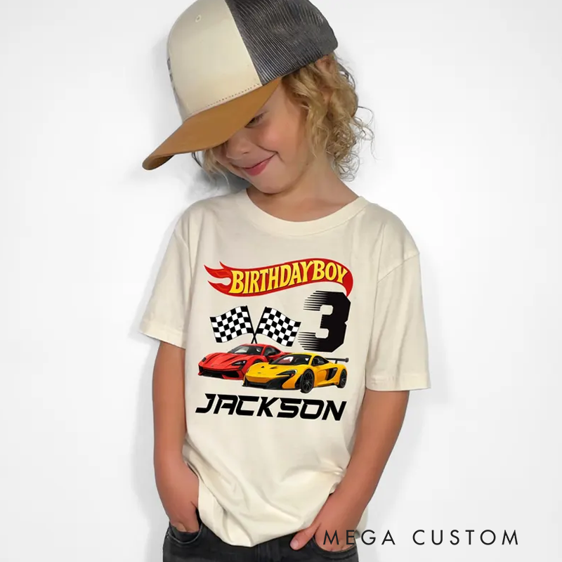 Personalized Race Car Birthday Shirt for Boys Custom Name Age Toddler Tee Gift for Boy Hot Car Kids Outfit Racing Birthday Shirt