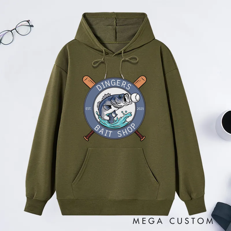 Personalized Dingers Bait Shop Hoodie Funny Fishing Sweatshirt Boys Baseball Gifts Unique Fish and Baseball Design Perfect Gift for Fishing Enthusiasts