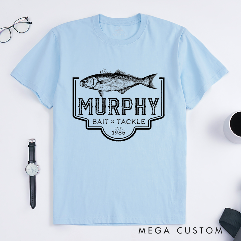 Personalized Murphy Bait and Tackle Fishing T-Shirt Custom Bass Fishing T-Shirt Classic Fish Design Perfect for Fishing Trips Outdoor Adventures and Casual Wear