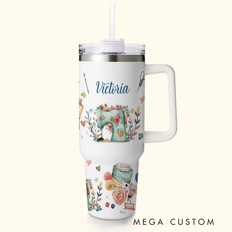 Personalized Sewing Theme 40oz Food Grade Stainless Steel Tumbler with Name Birthday Mother's Day Knitting Gift for Sewing Lover