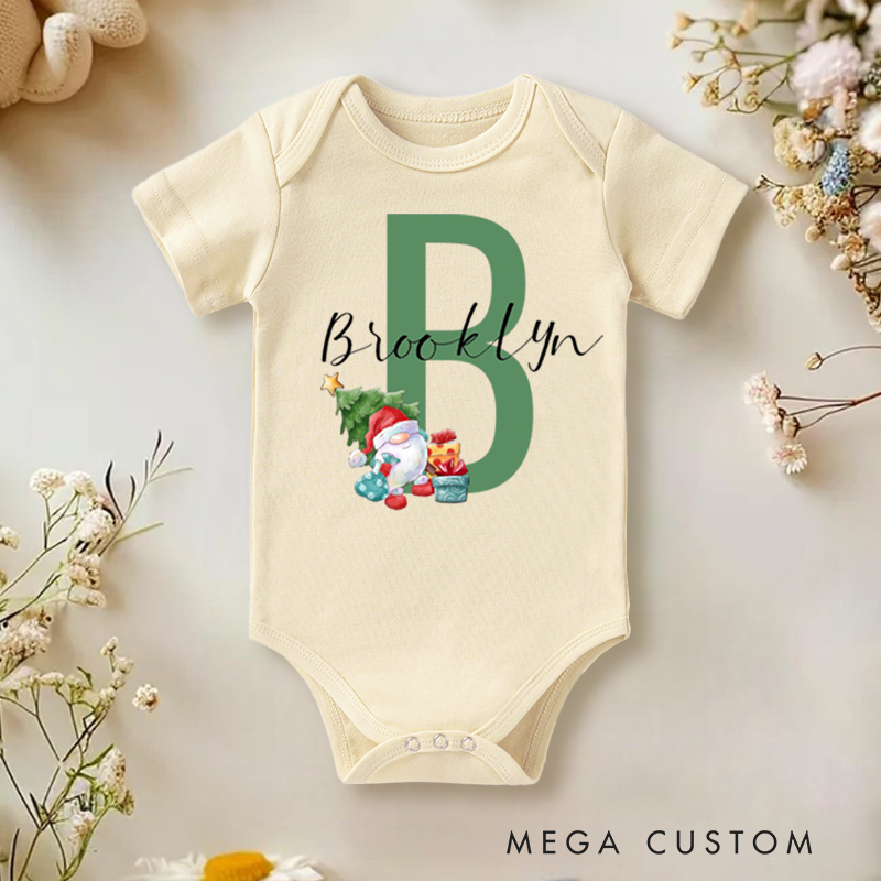 Personalized Baby Onesie and Holiday Baby Bodysuit with Santa and Christmas Tree Design Featuring Baby's Initial for a Festive Look
