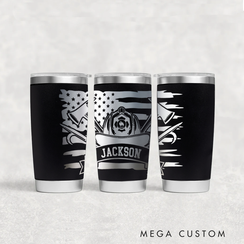 Personalized Multicolor Firefighter Engraved Steel Tumbler with Custom Name Helmet and Axe Design Durable Gift for Firefighters