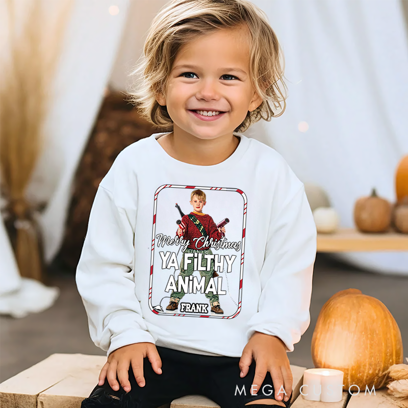 Personalized Kids Sweatshirt and Holiday Pullover Hoodies with Iconic Movie Design Featuring Festive Phrase and Photo for a Playful Christmas Vibe
