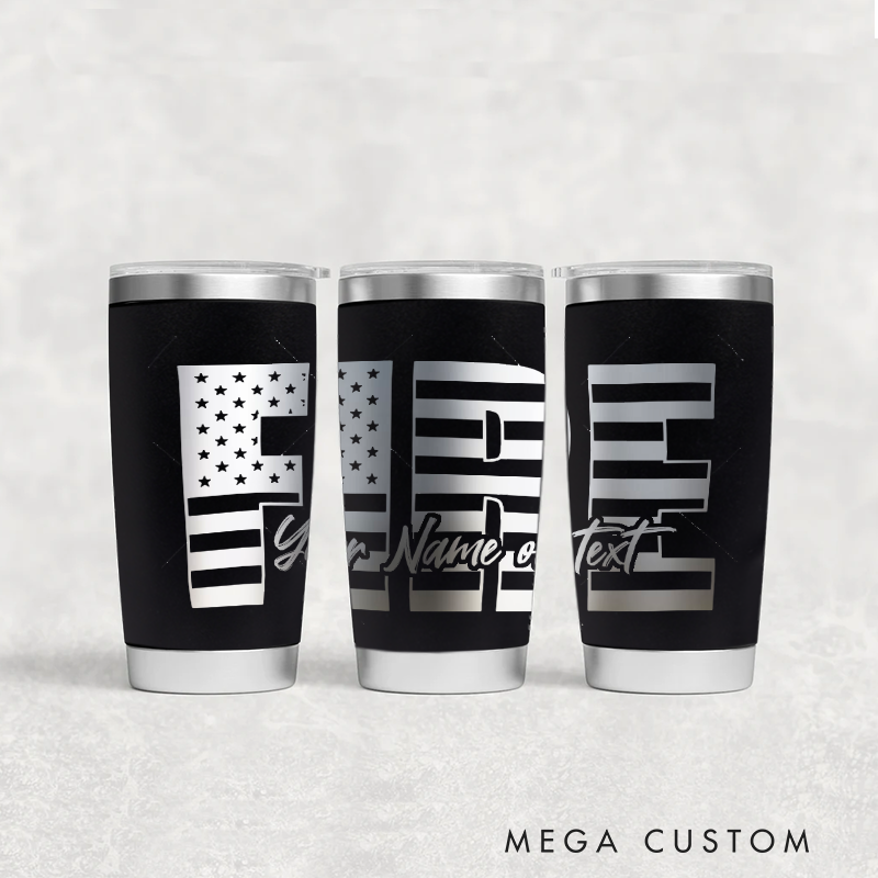 Personalized Multicolor Firefighter Engraved Steel Tumbler with Custom Name and American Flag Design Durable Gift for Firefighters
