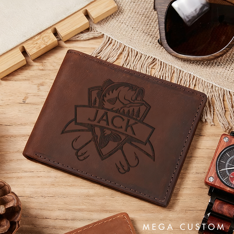 Personalized Leather Fishing Wallet Fisherman Wallet Fathers Day Gift Husband wallet Hunting Wallet Multi-Card Slots Perfect Gift for Fishing Enthusiasts and Outdoor Lovers