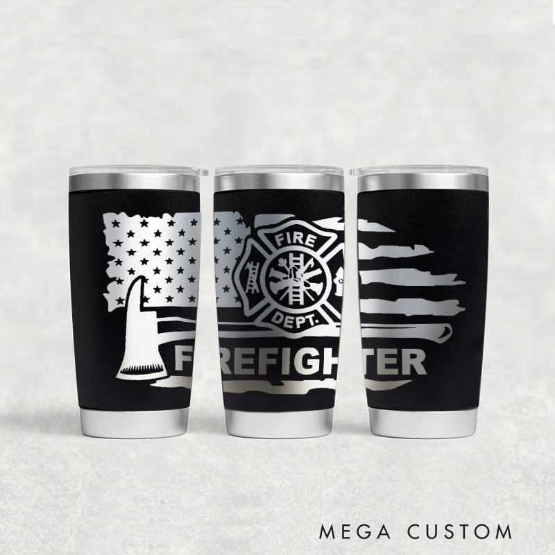 Personalized Multicolor Firefighter Engraved Steel Tumbler with Fire Department Logo Axe and American Flag Design Durable Gift for Firefighters