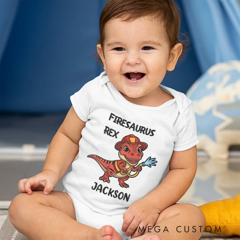 Personalized Dinosaur Firefighter Baby Bodysuit with Cute Firesaurus Rex Graphic and Custom Name for Little Heroes Baby Bodysuit