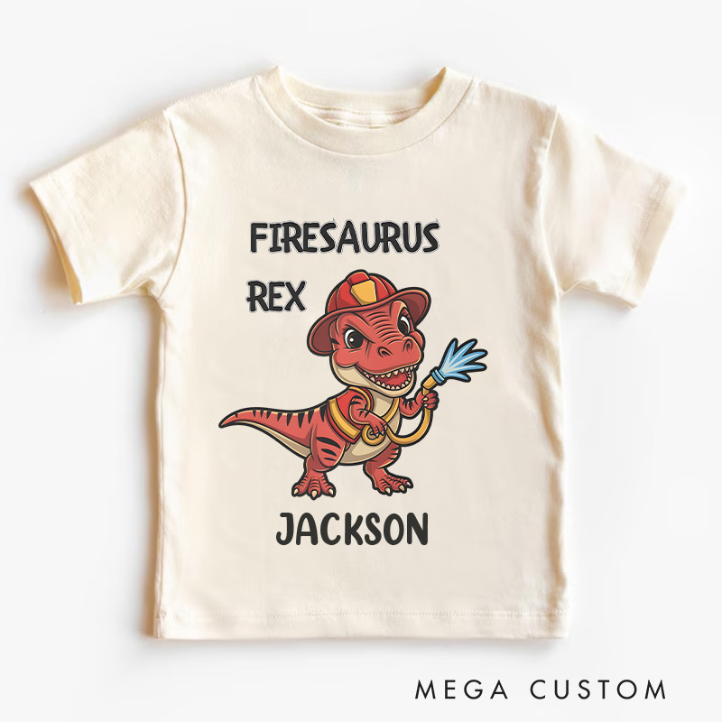 Personalized Dinosaur Firefighter Kids T-Shirt with Adorable Firesaurus Rex Graphic and Custom Name for Fun Adventures Kids T-Shirt