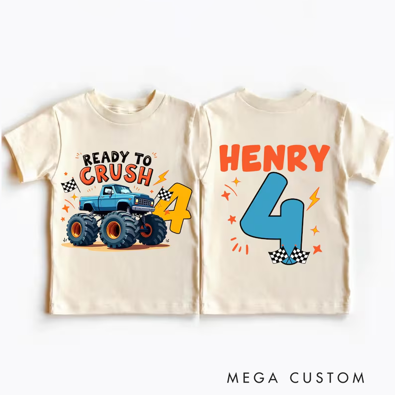 Personalized Birthday Truck Shirt 4th Birthday Boy T-Shirt Kids Race Car Birthday Party Ready To Crush Custom Age Shirt