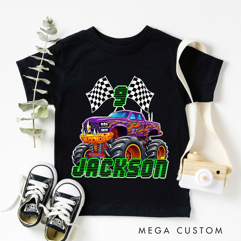 Personalized Big Wheel Off-Road Truck Multicolor Kid's T-shirt Sweatshirt Hoodie with Age and Name Birthday Christmas Gift for Kids