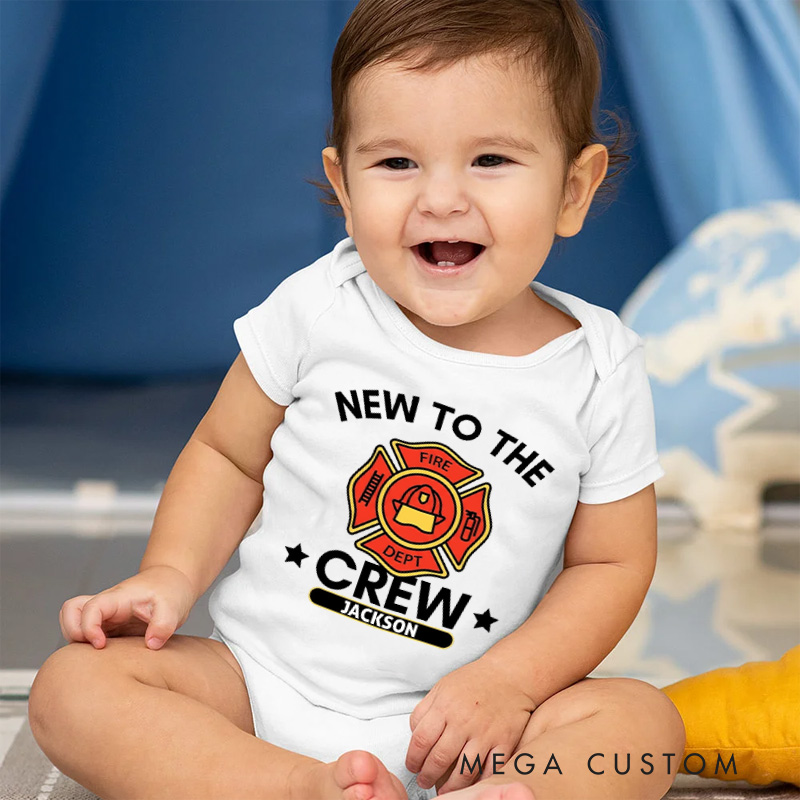 Personalized Firefighter Crew Baby Bodysuit with Custom Name and Bold New to the Crew Emblem for Little Heroes Baby Bodysuit