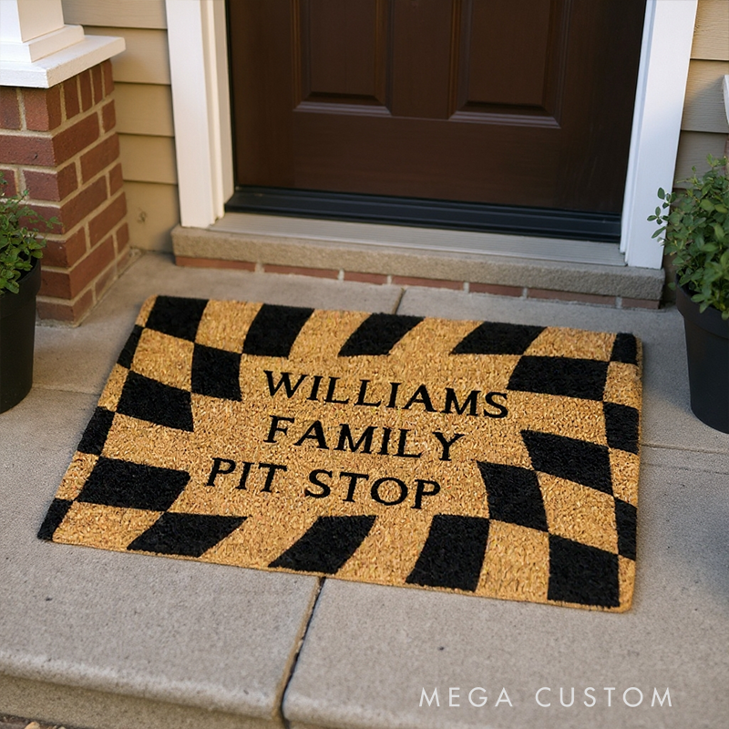 Personalized Doormat with Family Pit Stop Check Flag Design Thoughtful Gift for Racer and Racing Lovers