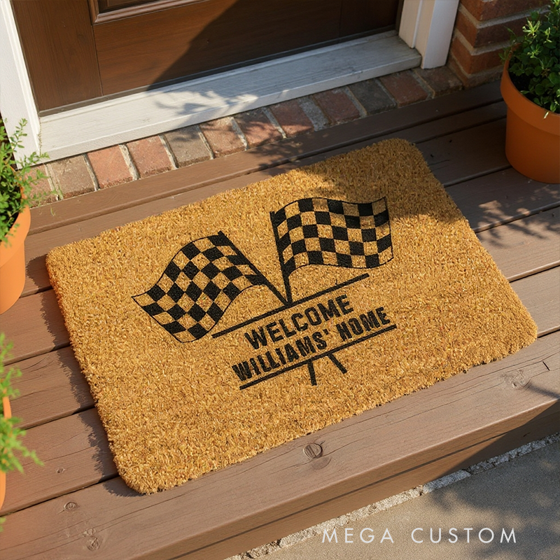Personalized Doormat with Check Flag Design Thoughtful Gift for Racer and Racing Lovers