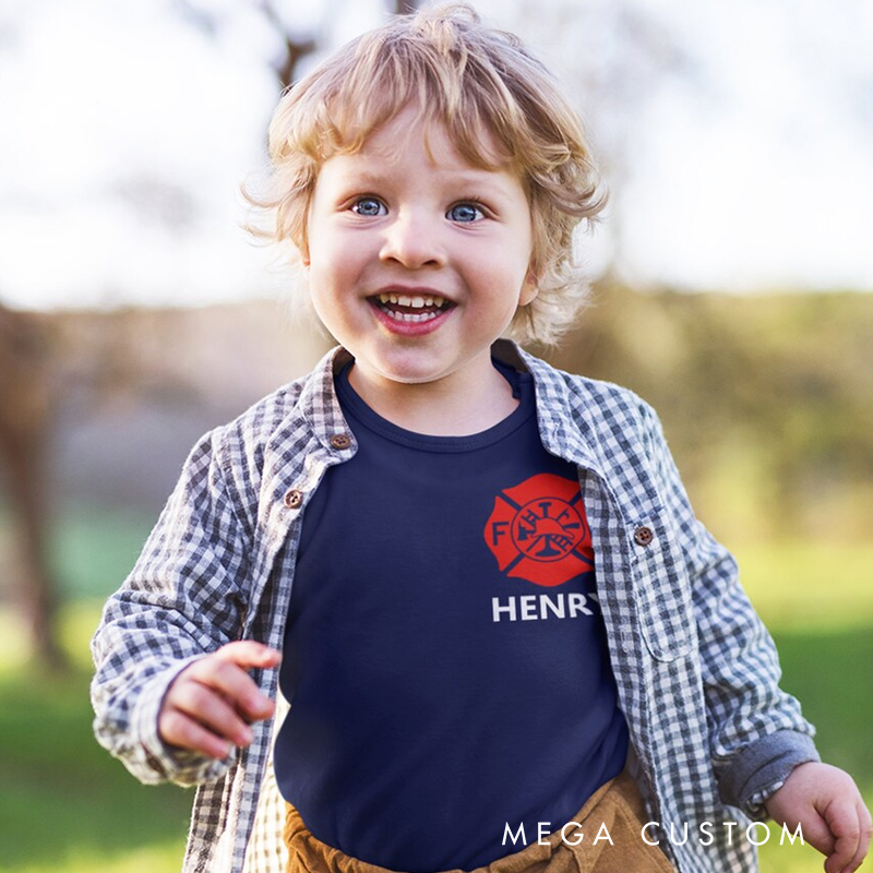 Personalized Fire Department Baby Bodysuit with Custom Name and Bold Firefighter Emblem for Little Heroes Baby Bodysuit