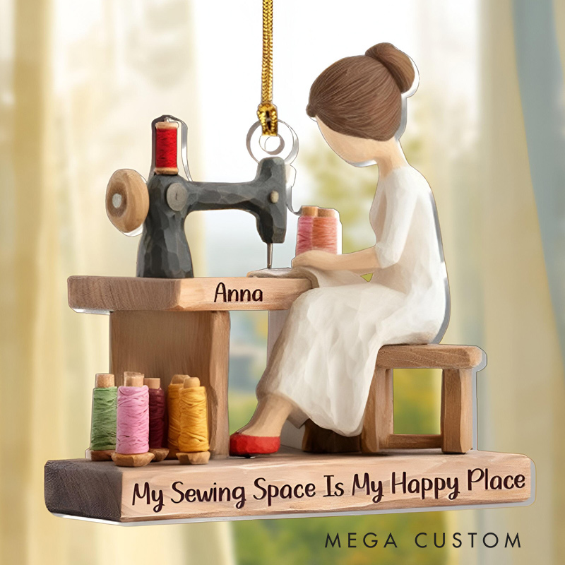 Personalized Sewing Ornament My Sewing Space Is My Happy Place Acrylic Ornament, Sewing Christmas Ornaments