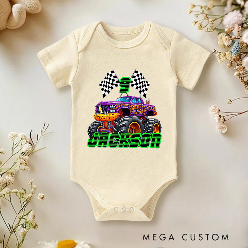 Personalized Big Wheel Off-Road Truck Multicolor Baby Bodysuit with Age and Name Birthday Christmas Gift for Baby