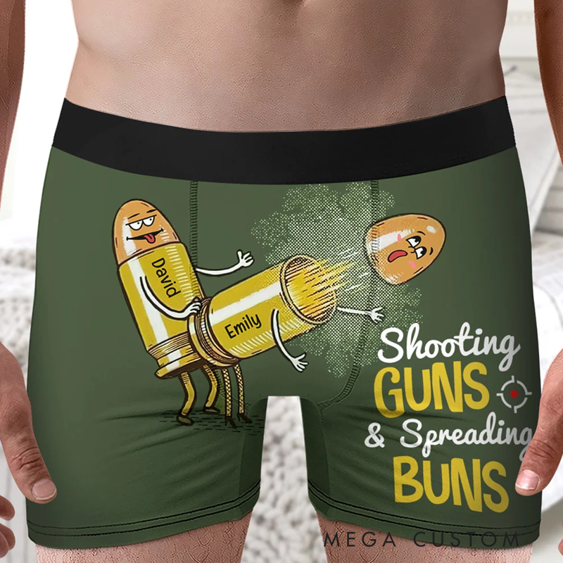 Personalized Funny Boxers with Bullet Design and Shooting Guns Spreading Buns Humorous Gift for Police Officers