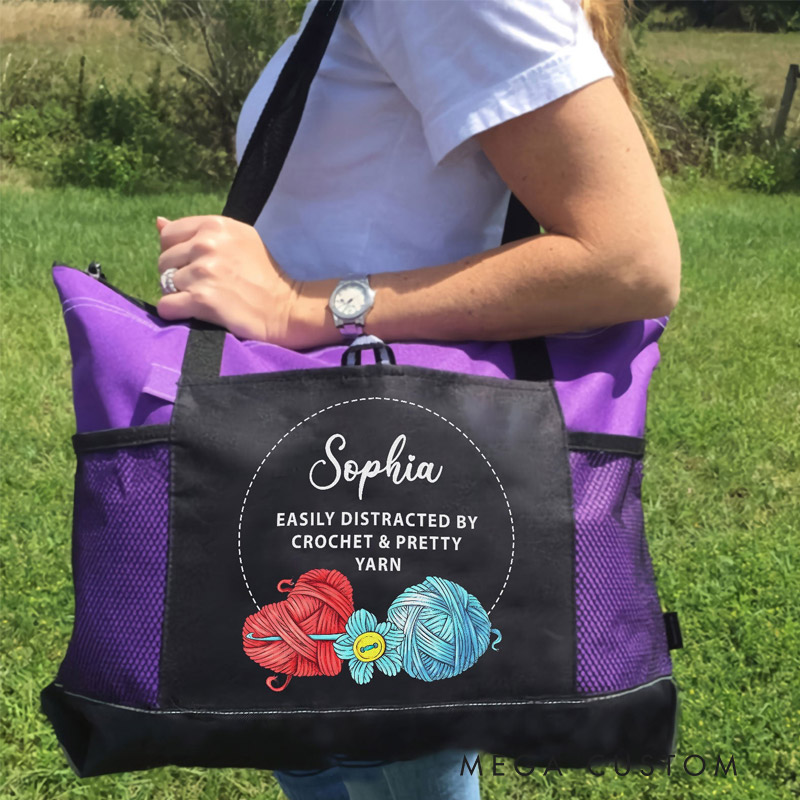 Personalized Easily Distracted By Knitting And Pretty Yarn Tote Bag Gift For Crocheter And Knitter