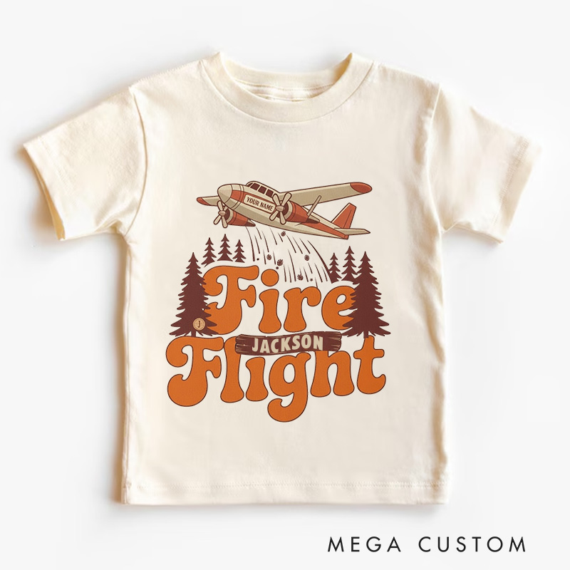 Personalized Fire Flight Kids T-Shirt with Custom Name and Retro Aerial Firefighter Plane Graphic for Little Adventurers Kids T-Shirt