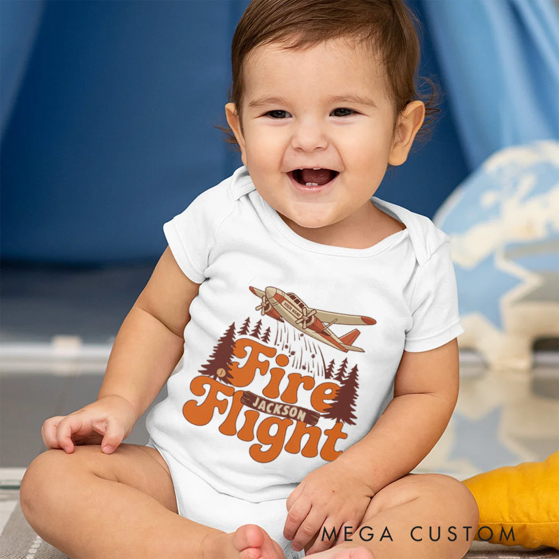 Personalized Fire Flight Baby Bodysuit with Custom Name and Vintage Aerial Firefighter Plane Graphic for Little Adventurers Baby Bodysuit
