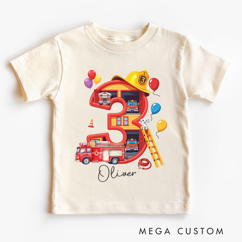 Personalized Fire Truck Birthday Kids T-Shirt with Custom Name and Colorful Birth Number Three Graphic for Celebrating Little Heroes Kids T-Shirt