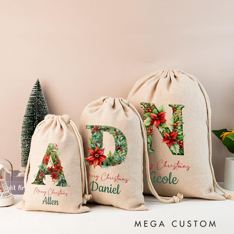 Personalized Christmas Santa Sack Custom Christmas Toy Sack Name and Initial Christmas Reindeer Christmas Gifts