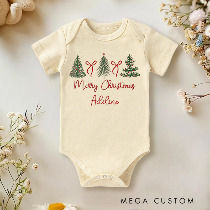 Personalized Baby Onesie and Holiday Baby Bodysuit with Christmas Tree and Bow Design for a Merry Christmas
