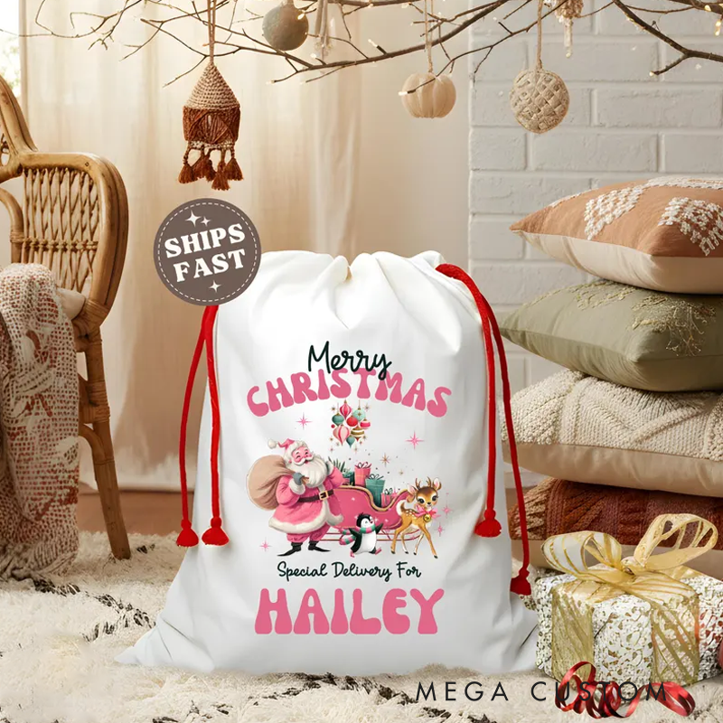 Personalized Retro Santa Bag Merry Christmas Pink Santa Christmas Sack with Name Elf Christmas Gift Sack Adult Christmas Eve Bag Large