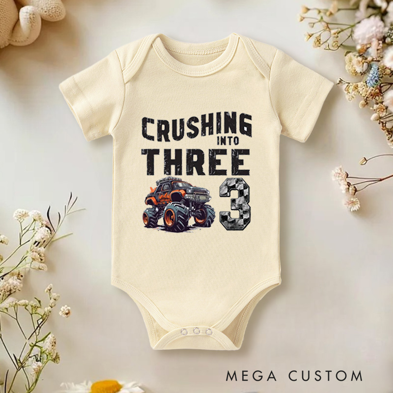 Personalized Crushing into Three Monster Truck Birthday Baby Bodysuit Monster Truck Party Birthday Boy Bodysuit Racing Bodysuit Truck Yeah Shirt 