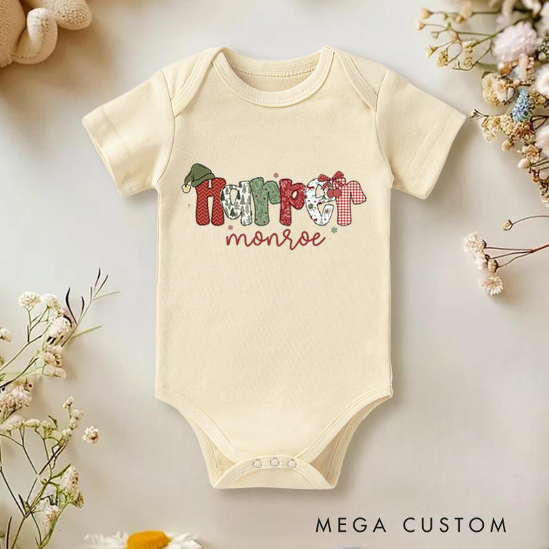 Personalized Baby Onesie and Holiday Baby Bodysuit with Festive Patchwork Letter Design for a Joyful Christmas