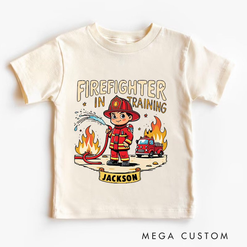 Personalized Firefighter in Training Kids T-Shirt with Custom Name and Cute Cartoon Firefighter Graphic for Aspiring Heroes Kids T-Shirt