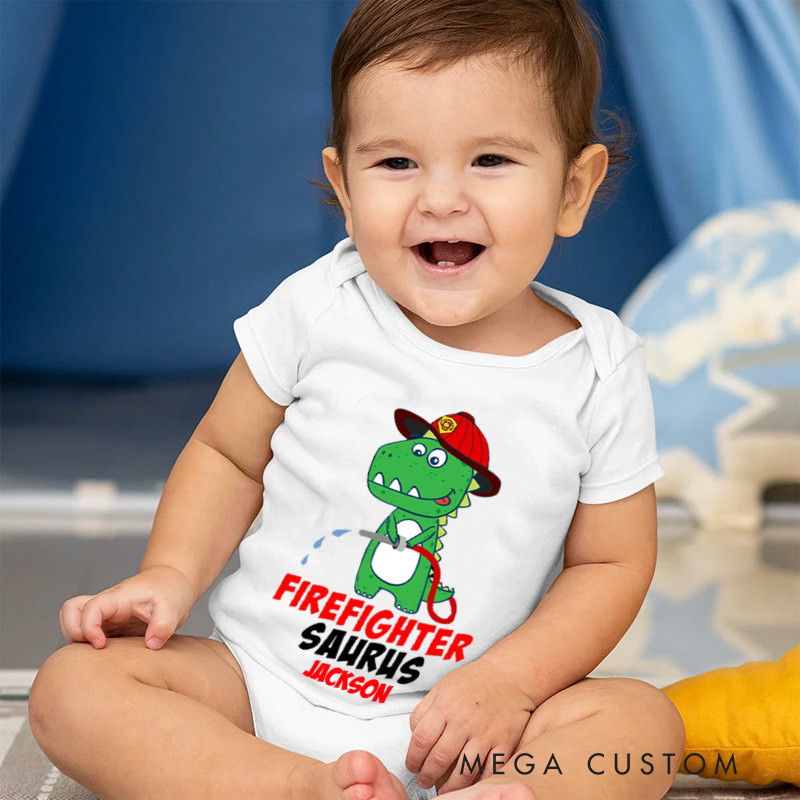 Personalized Firefighter Saurus Baby Bodysuit with Custom Name and Cute Dinosaur Firefighter Graphic for Little Heroes Baby Bodysuit