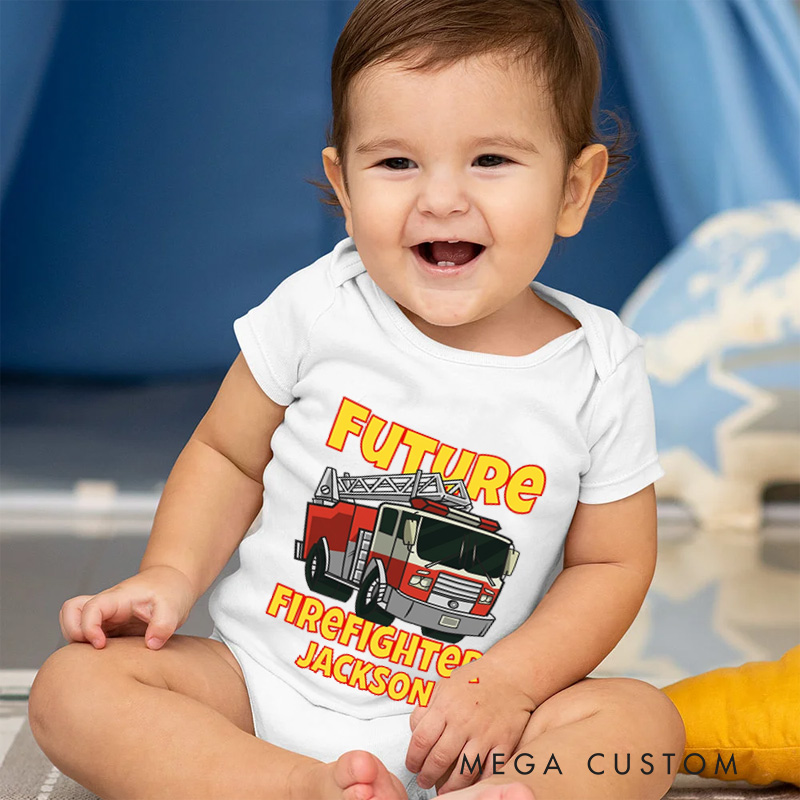Personalized Future Firefighter Baby Bodysuit with Custom Name and Bold Fire Truck Graphic for Aspiring Heroes Baby Bodysuit