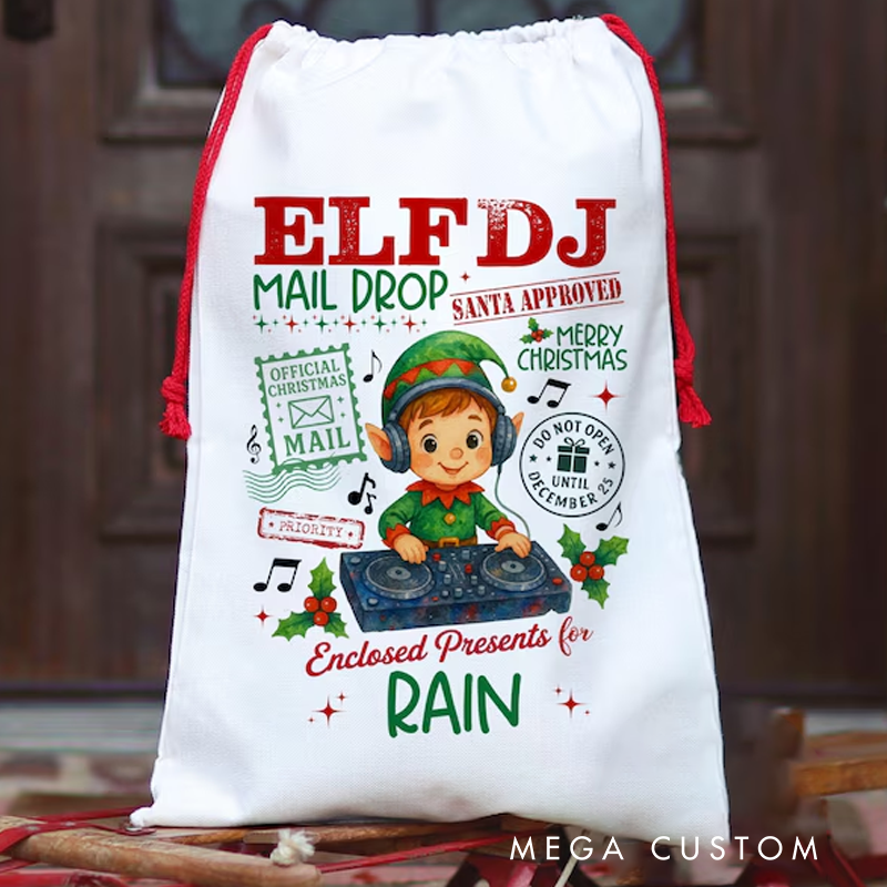 Personalized Elf Santa Bag Custom Christmas Gift Bag for Kids Music Lover Custom Name Gift Bag for Boys Christmas Gift Sack Xmas Presents Sack