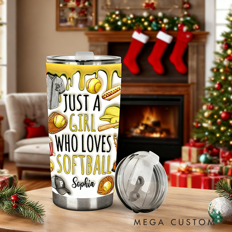 Personalized Softball Tumbler with "Just a Girl Who Loves Softball" Design with Custom Name
