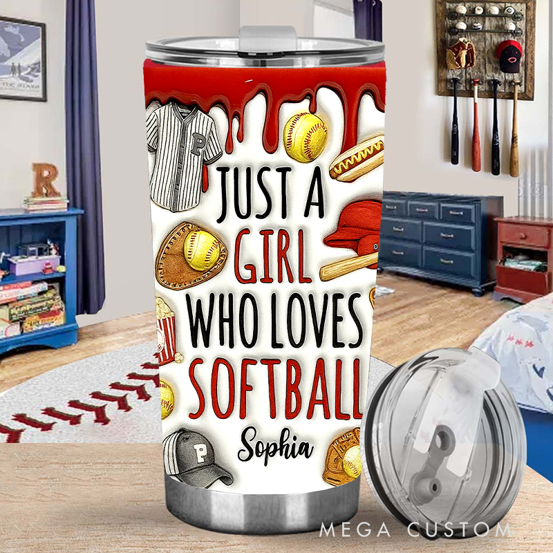 Personalized Softball Tumbler with "Just a Girl Who Loves Softball" Design with Custom Name
