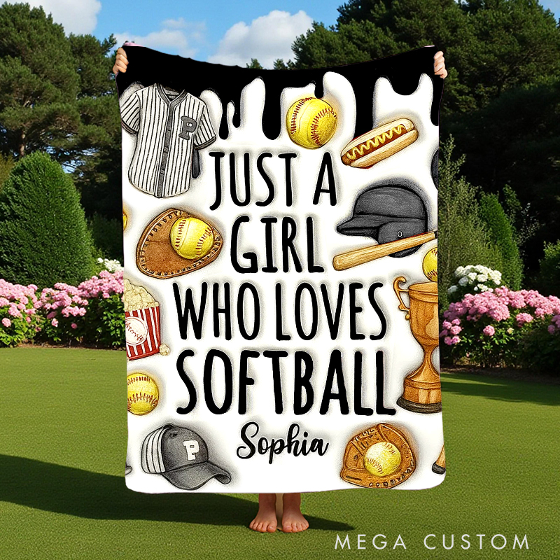 Personalized Softball Blanket with "Just a Girl Who Loves Softball" Design and Custom Name