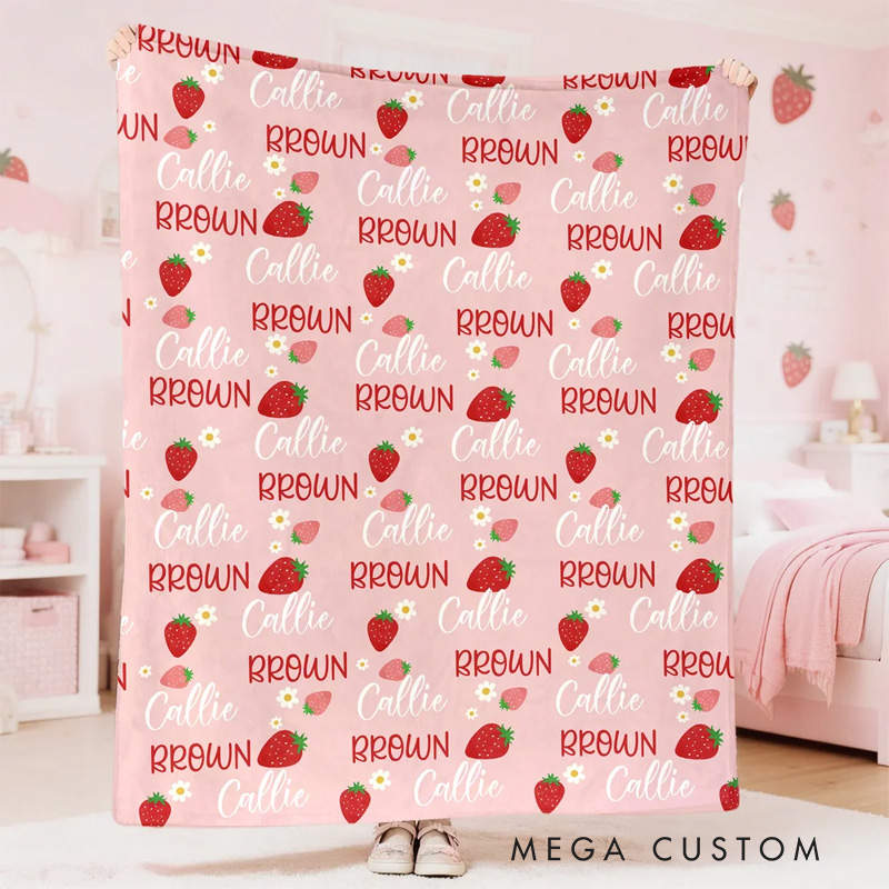 Personalized Flower Strawberry Peach Cherry Pink Soft Throw Blanket with Name Home Decor Birthday Christmas Gift for Girls