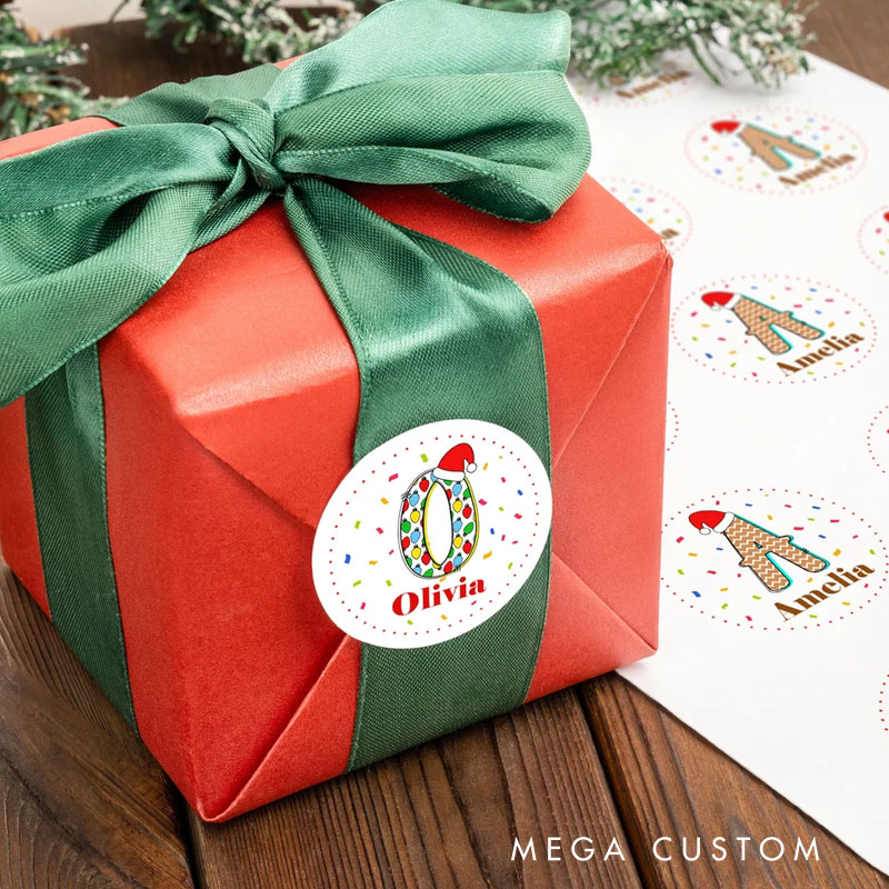Personalized Santa Hat Initial Colorful Fireworks Waterproof Stickers with Name Festival Party Christmas Gift for Kids