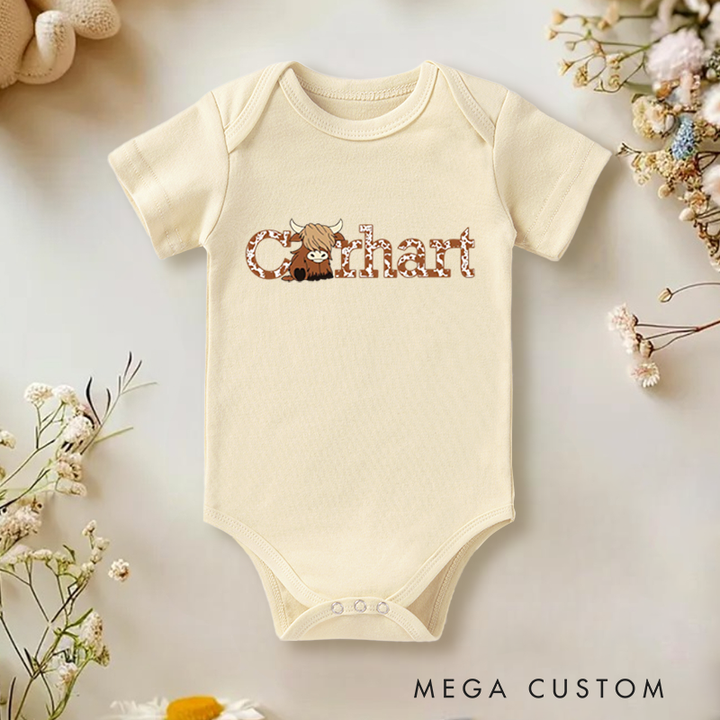 Personalized Baby Onesie and Farm Themed Baby Bodysuit with Cute Highland Cow and Cowhide Letter Design for a Rustic Charm