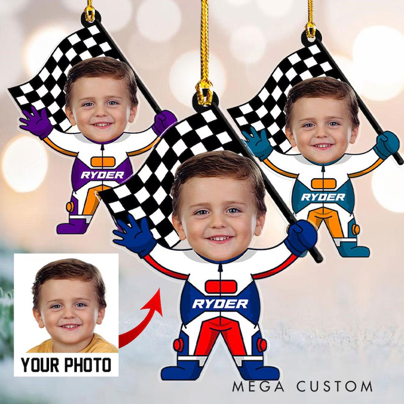 Personalized Racer Boy Ornament Personalized Racing Photo Ornament Christmas Gift for Kids Custom Racing Ornament Face Christmas Ornament
