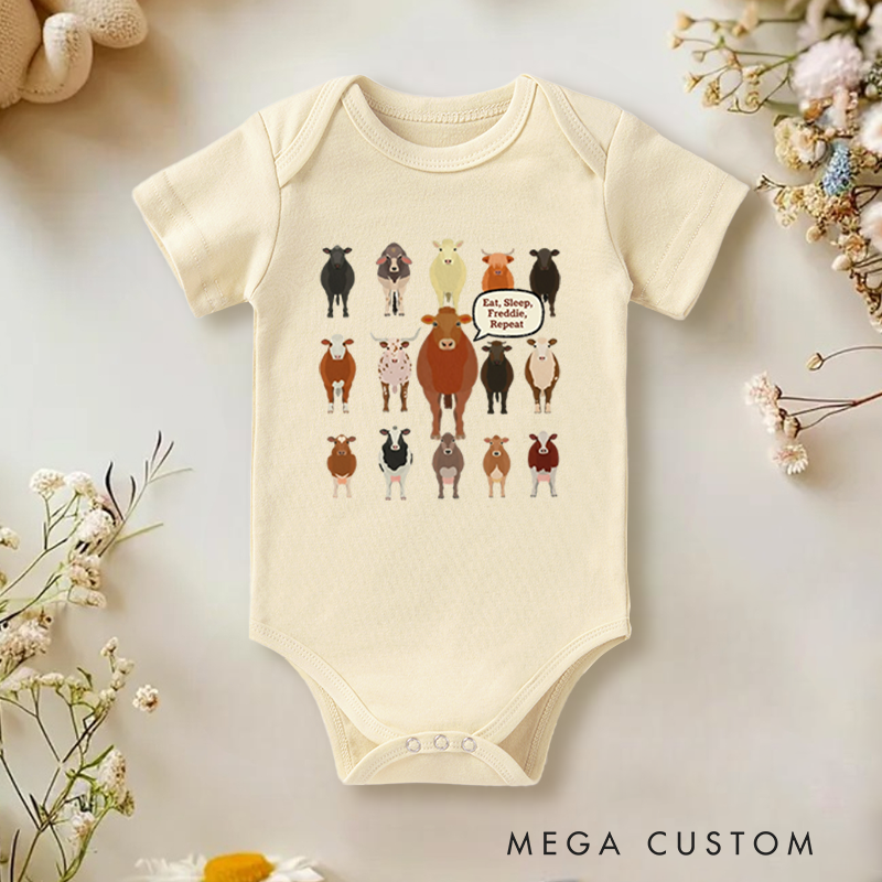 Personalized Baby Onesie and Farm Themed Baby Bodysuit with Cute Cow Patterns and Fun Text Design for a Playful Vibe
