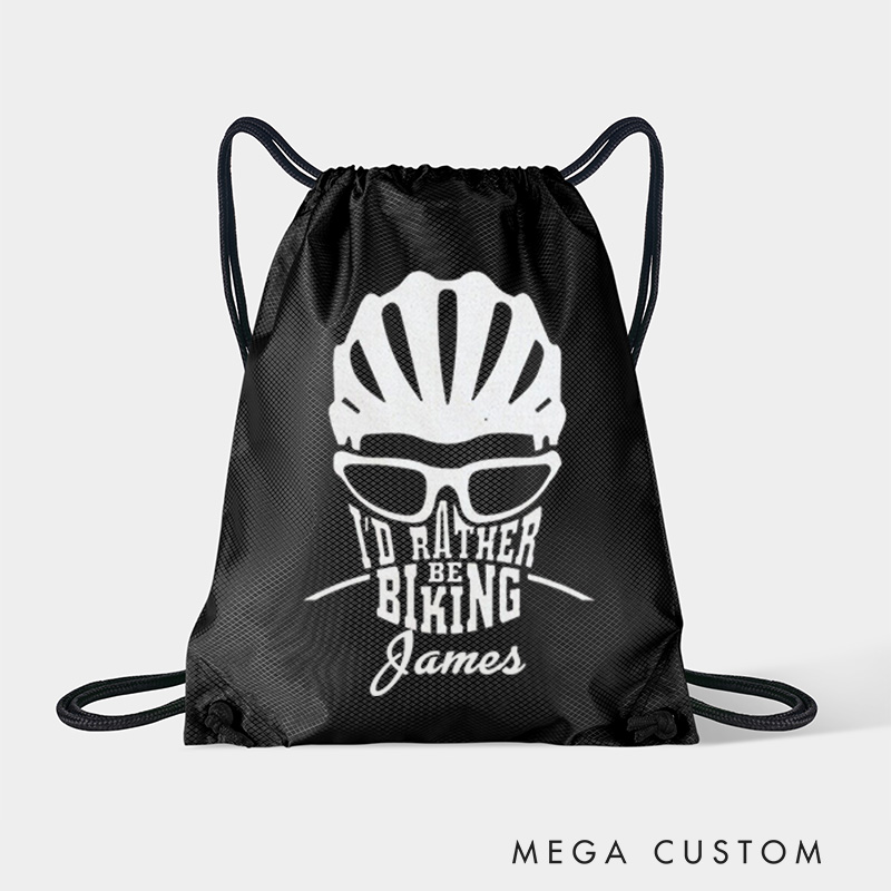 Personalized Drawstring Bag About Id Rather Be Biking Sports Backpack Bags Biker Typography Graphic Eco Friendly Tote Bag Bike Enthusiast Gift