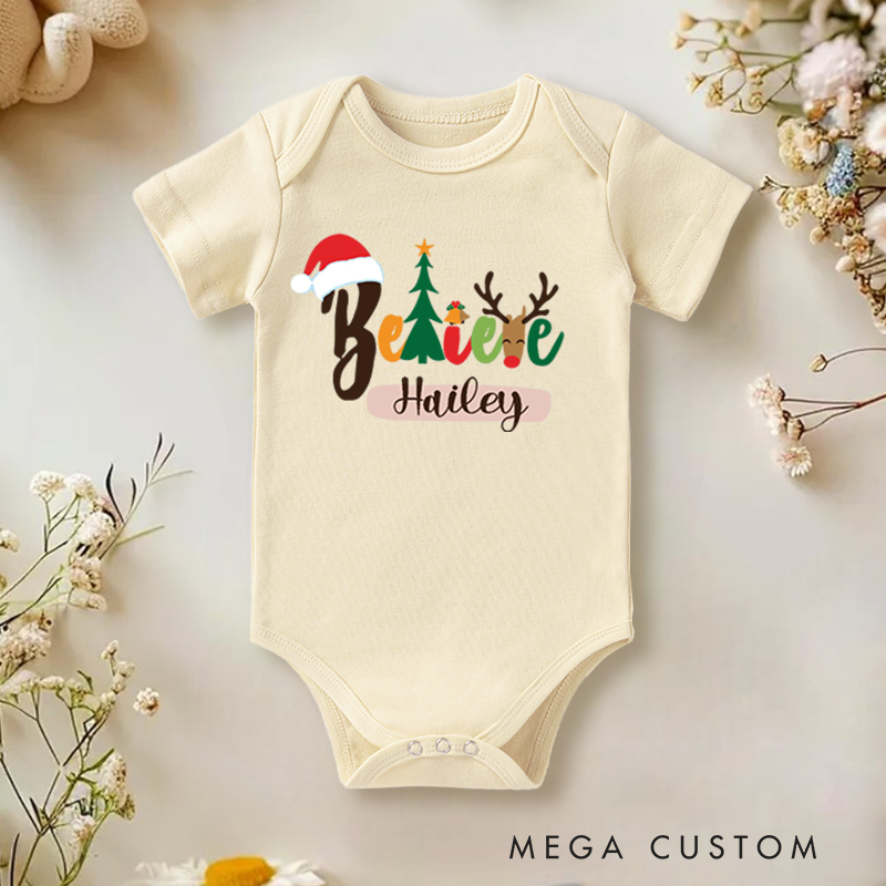 Personalized Baby Onesie and Festive Baby Bodysuit with Christmas Tree and Reindeer Design for a Joyful Holiday Season