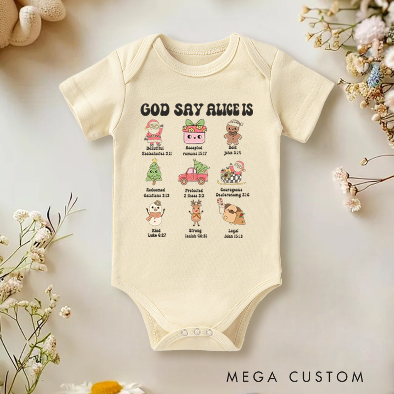 Personalized Baby Onesie and Inspirational Baby Bodysuit with Cute Character and Scripture Design for a Faith Filled Touch