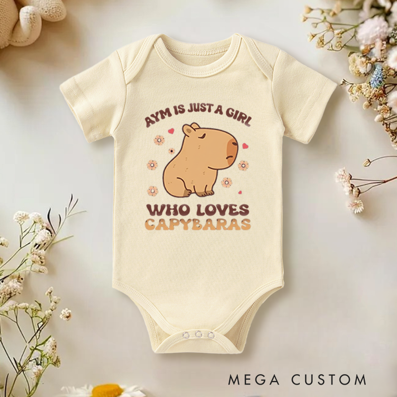Personalized Baby Onesie and Cute Baby Bodysuit with Adorable Capybara and Floral Design for Animal Lovers