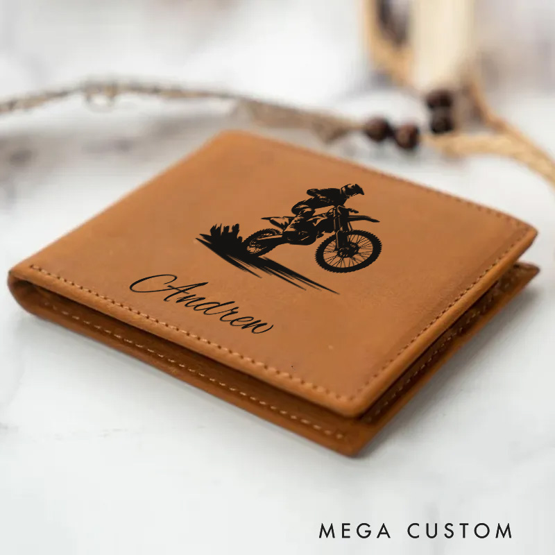 Personalized Cycling Bike Lover Riding Dirt Biker with Custom Name Leather Wallet